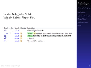 Das Problem der
zwei K¨opfe
Christoph J¨ungling
Die Theorie
Agil ist agil ist agil
Merge-Ablauf
Patricks Fragen
Autor
In vier Teile, jedes St¨uck
Wie ein kleiner Finger dick.
Das Problem der zwei K¨opfe 3
 