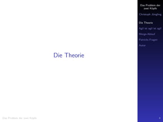 Das Problem der
zwei K¨opfe
Christoph J¨ungling
Die Theorie
Agil ist agil ist agil
Merge-Ablauf
Patricks Fragen
Autor
Die Theorie
Das Problem der zwei K¨opfe 4
 