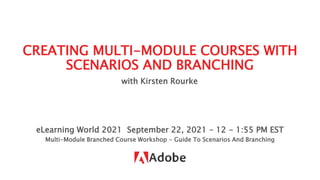 CREATING MULTI-MODULE COURSES WITH
SCENARIOS AND BRANCHING
eLearning World 2021 September 22, 2021 – 12 - 1:55 PM EST
Multi-Module Branched Course Workshop - Guide To Scenarios And Branching
with Kirsten Rourke
 