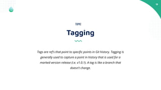 19
Tagging
TOPIC
Tags are ref's that point to speciﬁc points in Git history. Tagging is
generally used to capture a point in history that is used for a
marked version release (i.e. v1.0.1). A tag is like a branch that
doesn’t change.
 