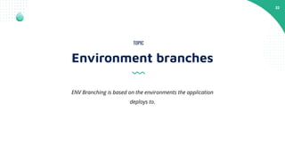 22
Environment branches
TOPIC
ENV Branching is based on the environments the application
deploys to.
 