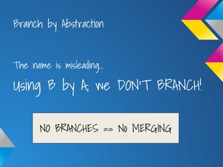 Branch by Abstraction
The name is misleading...
Using B by A, we DON'T BRANCH!
NO BRANCHES == No MERGING
 