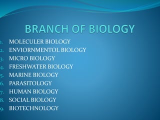 1. MOLECULER BIOLOGY
2. ENVIORNMENTOL BIOLOGY
3. MICRO BIOLOGY
4. FRESHWATER BIOLOGY
5. MARINE BIOLOGY
6. PARASITOLOGY
7. HUMAN BIOLOGY
8. SOCIAL BIOLOGY
9. BIOTECHNOLOGY
 