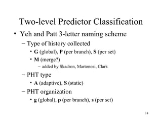 14
Two-level Predictor Classification
• Yeh and Patt 3-letter naming scheme
– Type of history collected
• G (global), P (per branch), S (per set)
• M (merge?)
– added by Skadron, Martonosi, Clark
– PHT type
• A (adaptive), S (static)
– PHT organization
• g (global), p (per branch), s (per set)
 