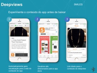 Deepviews
Experimente o conteúdo do app antes de baixar
Automaticamente gera
visualização para a web do
conteúdo do app
Usuários são
direcionados para a app
store
Link direto para o
conteúdo do deepview
2 31
5MILES
 