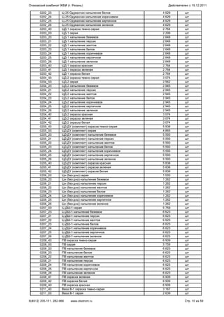 0202_23 Ц-25 Одуванчик напыление белое 4 629 шт
0202_24 Ц-25 Одуванчик напыление коричневое 4 629 шт
0202_25 Ц-25 Одуванчик напыление кирпичное 4 629 шт
0202_26 Ц-25 Одуванчик напыление зеленое 4 629 шт
0203_43 ЦД-1 окраска темно-серая 2 764 шт
0203_00 ЦД-1 серая 2 299 шт
0203_20 ЦД-1 напыление бежевое 2 648 шт
0203_21 ЦД-1 напыление персик 2 648 шт
0203_22 ЦД-1 напыление желтое 2 648 шт
0203_23 ЦД-1 напыление белое 2 648 шт
0203_24 ЦД-1 напыление коричневое 2 648 шт
0203_25 ЦД-1 напыление кирпичное 2 648 шт
0203_26 ЦД-1 напыление зеленое 2 648 шт
0203_40 ЦД-1 окраска красная 2 764 шт
0203_41 ЦД-1 окраска зеленая 2 764 шт
0203_42 ЦД-1 окраска белая 2 764 шт
0204_43 ЦД-2 окраска темно-серая 3 074 шт
0204_00 ЦД-2 серая 2 562 шт
0204_20 ЦД-2 напыление бежевое 2 945 шт
0204_21 ЦД-2 напыление персик 2 945 шт
0204_22 ЦД-2 напыление желтое 2 945 шт
0204_23 ЦД-2 напыление белое 2 945 шт
0204_24 ЦД-2 напыление коричневое 2 945 шт
0204_25 ЦД-2 напыление кирпичное 2 945 шт
0204_26 ЦД-2 напыление зеленое 2 945 шт
0204_40 ЦД-2 окраска красная 3 074 шт
0204_41 ЦД-2 окраска зеленая 3 074 шт
0204_42 ЦД-2 окраска белая 3 074 шт
0205_43 ЦД-ДУ (комплект) окраска темно-серая 5 838 шт
0205_00 ЦД-ДУ (комплект) серая 4 865 шт
0205_20 ЦД-ДУ (комплект) напыление бежевое 5 593 шт
0205_21 ЦД-ДУ (комплект) напыление персик 5 593 шт
0205_22 ЦД-ДУ (комплект) напыление желтое 5 593 шт
0205_23 ЦД-ДУ (комплект) напыление белое 5 593 шт
0205_24 ЦД-ДУ (комплект) напыление коричневое 5 593 шт
0205_25 ЦД-ДУ (комплект) напыление кирпичное 5 593 шт
0205_26 ЦД-ДУ (комплект) напыление зеленое 5 593 шт
0205_40 ЦД-ДУ (комплект) окраска красная 5 838 шт
0205_41 ЦД-ДУ (комплект) окраска зеленая 5 838 шт
0205_42 ЦД-ДУ (комплект) окраска белая 5 838 шт
0206_00 Цн (без дна) серая 1 093 шт
0206_20 Цн (без дна) напыление бежевое 1 262 шт
0206_21 Цн (без дна) напыление персик 1 262 шт
0206_22 Цн (без дна) напыление желтое 1 262 шт
0206_23 Цн (без дна) напыление белое 1 262 шт
0206_24 Цн (без дна) напыление коричневое 1 262 шт
0206_25 Цн (без дна) напыление кирпичное 1 262 шт
0206_26 Цн (без дна) напыление зеленое 1 262 шт
0207_00 Ц-ДШ-1 серая 5 759 шт
0207_20 Ц-ДШ-1 напыление бежевое 6 623 шт
0207_21 Ц-ДШ-1 напыление персик 6 623 шт
0207_22 Ц-ДШ-1 напыление желтое 6 623 шт
0207_23 Ц-ДШ-1 напыление белое 6 623 шт
0207_24 Ц-ДШ-1 напыление коричневое 6 623 шт
0207_25 Ц-ДШ-1 напыление кирпичное 6 623 шт
0207_26 Ц-ДШ-1 напыление зеленое 6 623 шт
0208_43 ПВ окраска темно-серая 6 909 шт
0208_00 ПВ серая 5 759 шт
0208_20 ПВ напыление бежевое 6 623 шт
0208_23 ПВ напыление белое 6 623 шт
0208_22 ПВ напыление желтое 6 623 шт
0208_21 ПВ напыление персик 6 623 шт
0208_24 ПВ напыление коричневое 6 623 шт
0208_25 ПВ напыление кирпичное 6 623 шт
0208_26 ПВ напыление зеленое 6 623 шт
0208_41 ПВ окраска зеленая 6 909 шт
0208_42 ПВ окраска белая 6 909 шт
0208_40 ПВ окраска красная 6 909 шт
0211_43 Ваза В-1 окраска темно-серая 3 167 шт
0211_00 Ваза В-1 серая 2 639 шт
Очаковский комбинат ЖБИ (г. Рязань) Действителен с 19.12.2011
8(4912) 205-111, 282-966 www.okstrom.ru Стр. 10 из 59
 