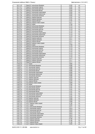 0211_20 Ваза В-1 напыление бежевое 3 035 шт
0211_21 Ваза В-1 напыление персик 3 035 шт
0211_22 Ваза В-1 напыление желтое 3 035 шт
0211_23 Ваза В-1 напыление белое 3 035 шт
0211_24 Ваза В-1 напыление коричневое 3 035 шт
0211_25 Ваза В-1 напыление кирпичное 3 035 шт
0211_26 Ваза В-1 напыление зеленое 3 035 шт
0211_40 Ваза В-1 окраска красная 3 167 шт
0211_41 Ваза В-1 окраска зеленая 3 167 шт
0211_42 Ваза В-1 окраска белая 3 167 шт
0212_43 Ваза В-2 окраска темно-серая 3 311 шт
0212_00 Ваза В-2 серая 2 759 шт
0212_20 Ваза В-2 напыление бежевое 3 173 шт
0212_21 Ваза В-2 напыление персик 3 173 шт
0212_22 Ваза В-2 напыление желтое 3 173 шт
0212_23 Ваза В-2 напыление белое 3 173 шт
0212_24 Ваза В-2 напыление коричневое 3 173 шт
0212_25 Ваза В-2 напыление кирпичное 3 173 шт
0212_26 Ваза В-2 напыление зеленое 3 173 шт
0212_40 Ваза В-2 окраска красная 3 311 шт
0212_41 Ваза В-2 окраска зеленая 3 311 шт
0212_42 Ваза В-2 окраска белая 3 311 шт
0213_43 Ваза В-3 окраска темно-серая 3 311 шт
0213_00 Ваза В-3 серая 2 759 шт
0213_20 Ваза В-3 напыление бежевое 3 173 шт
0213_21 Ваза В-3 напыление персик 3 173 шт
0213_22 Ваза В-3 напыление желтое 3 173 шт
0213_23 Ваза В-3 напыление белое 3 173 шт
0213_24 Ваза В-3 напыление коричневое 3 173 шт
0213_25 Ваза В-3 напыление кирпичное 3 173 шт
0213_26 Ваза В-3 напыление зеленое 3 173 шт
0213_40 Ваза В-3 окраска красная 3 311 шт
0213_41 Ваза В-3 окраска зеленая 3 311 шт
0213_42 Ваза В-3 окраска белая 3 311 шт
0159_00 Ц-1 серая 3 564 шт
0159_20 Ц-1 напыление бежевое 4 099 шт
0159_21 Ц-1 напыление персик 4 099 шт
0159_22 Ц-1 напыление желтое 4 099 шт
0159_23 Ц-1 напыление белое 4 099 шт
0159_24 Ц-1 напыление коричневое 4 099 шт
0159_25 Ц-1 напыление кирпичное 4 099 шт
0159_26 Ц-1 напыление зеленое 4 099 шт
0159_40 Ц-1 окраска красная 4 276 шт
0159_41 Ц-1 окраска зеленая 4 276 шт
0159_42 Ц-1 окраска белая 4 276 шт
0160_43 Ц-2 окраска темно-серая 3 309 шт
0160_00 Ц-2 серая 2 764 шт
0160_20 Ц-2 напыление бежевое 3 167 шт
0160_21 Ц-2 напыление персик 3 167 шт
0160_22 Ц-2 напыление желтое 3 167 шт
0160_23 Ц-2 напыление белое 3 167 шт
0160_24 Ц-2 напыление коричневое 3 167 шт
0160_25 Ц-2 напыление кирпичное 3 167 шт
0160_26 Ц-2 напыление зеленое 3 167 шт
0160_40 Ц-2 окраска красная 3 309 шт
0160_41 Ц-2 окраска зеленая 3 309 шт
0160_42 Ц-2 окраска белая 3 309 шт
0161_43 Ц-3.1 окраска темно-серая 4 146 шт
0161_00 Ц-3.1 серая 3 455 шт
0161_20 Ц-3.1 напыление бежевое 3 311 шт
0161_21 Ц-3.1 напыление персик 3 973 шт
0161_22 Ц-3.1 напыление желтое 3 973 шт
0161_23 Ц-3.1 напыление белое 3 973 шт
0161_24 Ц-3.1 напыление коричневое 3 973 шт
0161_25 Ц-3.1 напыление кирпичное 3 973 шт
0161_26 Ц-3.1 напыление зеленое 3 973 шт
0161_40 Ц-3.1 окраска красная 4 146 шт
0161_41 Ц-3.1 окраска зеленая 4 146 шт
0161_42 Ц-3.1 окраска белая 4 146 шт
0162_43 Ц-4-1 окраска темно-серая 3 455 шт
Очаковский комбинат ЖБИ (г. Рязань) Действителен с 19.12.2011
8(4912) 205-111, 282-966 www.okstrom.ru Стр. 11 из 59
 