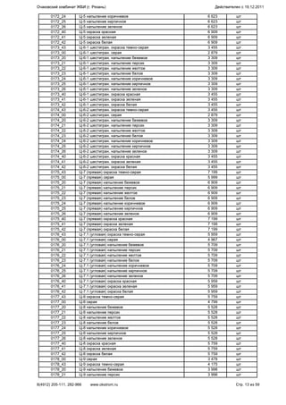 0172_24 Ц-5 напыление коричневое 6 623 шт
0172_25 Ц-5 напыление кирпичное 6 623 шт
0172_26 Ц-5 напыление зеленое 6 623 шт
0172_40 Ц-5 окраска красная 6 909 шт
0172_41 Ц-5 окраска зеленая 6 909 шт
0172_42 Ц-5 окраска белая 6 909 шт
0173_43 Ц-6-1 шестигран. окраска темно-серая 3 455 шт
0173_00 Ц-6-1 шестигран. серая 2 879 шт
0173_20 Ц-6-1 шестигран. напыление бежевое 3 309 шт
0173_21 Ц-6-1 шестигран. напыление персик 3 309 шт
0173_22 Ц-6-1 шестигран. напыление желтое 3 309 шт
0173_23 Ц-6-1 шестигран. напыление белое 3 309 шт
0173_24 Ц-6-1 шестигран. напыление коричневое 3 309 шт
0173_25 Ц-6-1 шестигран. напыление кирпичное 3 309 шт
0173_26 Ц-6-1 шестигран. напыление зеленое 3 309 шт
0173_40 Ц-6-1 шестигран. окраска красная 3 455 шт
0173_41 Ц-6-1 шестигран. окраска зеленая 3 455 шт
0173_42 Ц-6-1 шестигран. окраска белая 3 455 шт
0174_43 Ц-6-2 шестигран. окраска темно-серая 3 455 шт
0174_00 Ц-6-2 шестигран. серая 2 879 шт
0174_20 Ц-6-2 шестигран. напыление бежевое 3 309 шт
0174_21 Ц-6-2 шестигран. напыление персик 3 309 шт
0174_22 Ц-6-2 шестигран. напыление желтое 3 309 шт
0174_23 Ц-6-2 шестигран. напыление белое 3 309 шт
0174_24 Ц-6-2 шестигран. напыление коричневое 3 309 шт
0174_25 Ц-6-2 шестигран. напыление кирпичное 3 309 шт
0174_26 Ц-6-2 шестигран. напыление зеленое 3 309 шт
0174_40 Ц-6-2 шестигран. окраска красная 3 455 шт
0174_41 Ц-6-2 шестигран. окраска зеленая 3 455 шт
0174_42 Ц-6-2 шестигран. окраска белая 3 455 шт
0175_43 Ц-7 (прямая) окраска темно-серая 7 199 шт
0175_00 Ц-7 (прямая) серая 5 999 шт
0175_20 Ц-7 (прямая) напыление бежевое 6 909 шт
0175_21 Ц-7 (прямая) напыление персик 6 909 шт
0175_22 Ц-7 (прямая) напыление желтое 6 909 шт
0175_23 Ц-7 (прямая) напыление белое 6 909 шт
0175_24 Ц-7 (прямая) напыление коричневое 6 909 шт
0175_25 Ц-7 (прямая) напыление кирпичное 6 909 шт
0175_26 Ц-7 (прямая) напыление зеленое 6 909 шт
0175_40 Ц-7 (прямая) окраска красная 7 199 шт
0175_41 Ц-7 (прямая) окраска зеленая 7 199 шт
0175_42 Ц-7 (прямая) окраска белая 7 199 шт
0176_43 Ц-7.1 (угловая) окраска темно-серая 5 959 шт
0176_00 Ц-7.1 (угловая) серая 4 967 шт
0176_20 Ц-7.1 (угловая) напыление бежевое 5 709 шт
0176_21 Ц-7.1 (угловая) напыление персик 5 709 шт
0176_22 Ц-7.1 (угловая) напыление желтое 5 709 шт
0176_23 Ц-7.1 (угловая) напыление белое 5 709 шт
0176_24 Ц-7.1 (угловая) напыление коричневое 5 709 шт
0176_25 Ц-7.1 (угловая) напыление кирпичное 5 709 шт
0176_26 Ц-7.1 (угловая) напыление зеленое 5 709 шт
0176_40 Ц-7.1 (угловая) окраска красная 5 959 шт
0176_41 Ц-7.1 (угловая) окраска зеленая 5 959 шт
0176_42 Ц-7.1 (угловая) окраска белая 5 959 шт
0177_43 Ц-8 окраска темно-серая 5 759 шт
0177_00 Ц-8 серая 4 799 шт
0177_20 Ц-8 напыление бежевое 5 528 шт
0177_21 Ц-8 напыление персик 5 528 шт
0177_22 Ц-8 напыление желтое 5 528 шт
0177_23 Ц-8 напыление белое 5 528 шт
0177_24 Ц-8 напыление коричневое 5 528 шт
0177_25 Ц-8 напыление кирпичное 5 528 шт
0177_26 Ц-8 напыление зеленое 5 528 шт
0177_40 Ц-8 окраска красная 5 759 шт
0177_41 Ц-8 окраска зеленая 5 759 шт
0177_42 Ц-8 окраска белая 5 759 шт
0178_00 Ц-9 серая 3 478 шт
0178_43 Ц-9 окраска темно-серая 4 175 шт
0178_20 Ц-9 напыление бежевое 3 998 шт
0178_21 Ц-9 напыление персик 3 998 шт
Очаковский комбинат ЖБИ (г. Рязань) Действителен с 19.12.2011
8(4912) 205-111, 282-966 www.okstrom.ru Стр. 13 из 59
 
