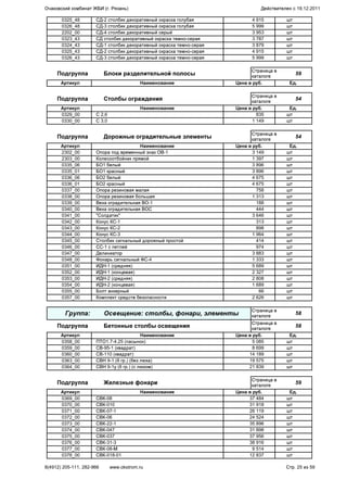 0325_48 СД-2 столбик декоративный окраска голубая 4 915 шт
0326_48 СД-3 столбик декоративный окраска голубая 5 999 шт
2202_00 СД-4 столбик декоративный серый 3 953 шт
0323_43 СД столбик декоративный окраска темно-серая 3 787 шт
0324_43 СД-1 столбик декоративный окраска темно-серая 3 879 шт
0325_43 СД-2 столбик декоративный окраска темно-серая 4 915 шт
0326_43 СД-3 столбик декоративный окраска темно-серая 5 999 шт
Подгруппа Блоки разделительной полосы
Страница в
каталоге
59
Артикул Наименование Цена в руб. Ед.
Подгруппа Столбы ограждения
Страница в
каталоге
54
Артикул Наименование Цена в руб. Ед.
0329_00 С 2,6 835 шт
0330_00 С 3,0 1 149 шт
Подгруппа Дорожные оградительные элементы
Страница в
каталоге
54
Артикул Наименование Цена в руб. Ед.
2302_00 Опора под временный знак ОВ-1 3 149 шт
2303_00 Колесоотбойник прямой 1 397 шт
0335_06 БО1 белый 3 896 шт
0335_01 БО1 красный 3 896 шт
0336_06 БО2 белый 4 675 шт
0336_01 БО2 красный 4 675 шт
0337_00 Опора резиновая малая 758 шт
0338_00 Опора резиновая большая 1 313 шт
0339_00 Веха оградительная ВО-1 188 шт
0340_00 Веха оградительная ВОС 444 шт
0341_00 "Солдатик" 3 646 шт
0342_00 Конус КС-1 313 шт
0343_00 Конус КС-2 898 шт
0344_00 Конус КС-3 1 964 шт
0345_00 Столбик сигнальный дорожный простой 414 шт
0346_00 СС-1 с петлей 974 шт
0347_00 Делиниатор 3 883 шт
0348_00 Фонарь сигнальный ФС-4 1 333 шт
0351_00 ИДН-1 (средняя) 5 689 шт
0352_00 ИДН-1 (концевая) 2 327 шт
0353_00 ИДН-2 (средняя) 2 808 шт
0354_00 ИДН-2 (концевая) 1 689 шт
0355_00 Болт анкерный 66 шт
0357_00 Комплект средств безопасности 2 626 шт
Группа: Освещение: столбы, фонари, элементы
Страница в
каталоге
58
Подгруппа Бетонные столбы освещения
Страница в
каталоге
58
Артикул Наименование Цена в руб. Ед.
0358_00 ПТО1.7-4.25 (пасынок) 5 085 шт
0359_00 СВ-95-1 (квадрат) 8 699 шт
0360_00 СВ-110 (квадрат) 14 189 шт
0363_00 СВН 9-1 (8 гр.) (без люка) 19 575 шт
0364_00 СВН 9-1у (8 гр.) (с люком) 21 839 шт
Подгруппа Железные фонари
Страница в
каталоге
59
Артикул Наименование Цена в руб. Ед.
0369_00 СВК-08 37 484 шт
0370_00 СВК-010 31 918 шт
0371_00 СВК-07-1 26 119 шт
0372_00 СВК-06 24 524 шт
0373_00 СВК-22-1 35 896 шт
0374_00 СВК-047 31 898 шт
0375_00 СВК-037 37 956 шт
0376_00 СВК-31-3 38 916 шт
0377_00 СВК-08-М 9 514 шт
0378_00 СВК-018-01 12 837 шт
Очаковский комбинат ЖБИ (г. Рязань) Действителен с 19.12.2011
8(4912) 205-111, 282-966 www.okstrom.ru Стр. 25 из 59
 