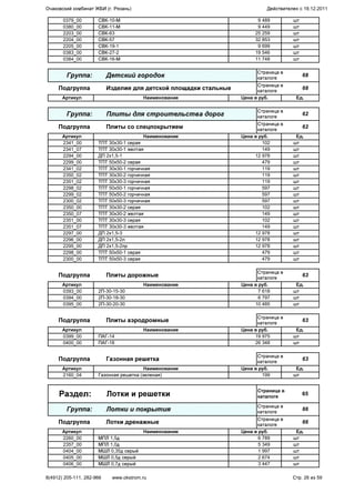 0379_00 СВК-10-М 9 489 шт
0380_00 СВК-11-М 9 449 шт
2203_00 СВК-63 25 259 шт
2204_00 СВК-57 32 853 шт
2205_00 СВК-19-1 9 699 шт
0383_00 СВК-27-2 19 546 шт
0384_00 СВК-16-М 11 748 шт
Группа: Детский городок
Страница в
каталоге
68
Подгруппа Изделия для детской площадки стальные
Страница в
каталоге
68
Артикул Наименование Цена в руб. Ед.
Группа: Плиты для строительства дорог
Страница в
каталоге
62
Подгруппа Плиты со спецпокрытием
Страница в
каталоге
62
Артикул Наименование Цена в руб. Ед.
2341_00 ТПТ 30х30-1 серая 102 шт
2341_07 ТПТ 30х30-1 желтая 149 шт
2294_00 ДП 2х1,5-1 12 978 шт
2299_00 ТПТ 50х50-2 серая 479 шт
2341_02 ТПТ 30х30-1 горчичная 119 шт
2350_02 ТПТ 30х30-2 горчичная 119 шт
2351_02 ТПТ 30х30-3 горчичная 119 шт
2298_02 ТПТ 50х50-1 горчичная 597 шт
2299_02 ТПТ 50х50-2 горчичная 597 шт
2300_02 ТПТ 50х50-3 горчичная 597 шт
2350_00 ТПТ 30х30-2 серая 102 шт
2350_07 ТПТ 30х30-2 желтая 149 шт
2351_00 ТПТ 30х30-3 серая 102 шт
2351_07 ТПТ 30х30-3 желтая 149 шт
2297_00 ДП 2х1,5-3 12 978 шт
2296_00 ДП 2х1,5-2л 12 978 шт
2295_00 ДП 2х1,5-2пр 12 978 шт
2298_00 ТПТ 50х50-1 серая 479 шт
2300_00 ТПТ 50х50-3 серая 479 шт
Подгруппа Плиты дорожные
Страница в
каталоге
63
Артикул Наименование Цена в руб. Ед.
0393_00 2П-30-15-30 7 618 шт
0394_00 2П-30-18-30 6 797 шт
0395_00 2П-30-20-30 10 485 шт
Подгруппа Плиты аэродромные
Страница в
каталоге
63
Артикул Наименование Цена в руб. Ед.
0399_00 ПАГ-14 19 975 шт
0400_00 ПАГ-18 26 348 шт
Подгруппа Газонная решетка
Страница в
каталоге
63
Артикул Наименование Цена в руб. Ед.
2160_04 Газонная решетка (зеленая) 199 шт
Раздел: Лотки и решетки
Страница в
каталоге
65
Группа: Лотки и покрытия
Страница в
каталоге
66
Подгруппа Лотки дренажные
Страница в
каталоге
66
Артикул Наименование Цена в руб. Ед.
2260_00 МПЛ 1,5д 6 789 шт
2357_00 МПЛ 1,0д 5 349 шт
0404_00 МШЛ 0,35д серый 1 997 шт
0405_00 МШЛ 0,5д серый 2 674 шт
0406_00 МШЛ 0,7д серый 3 447 шт
Очаковский комбинат ЖБИ (г. Рязань) Действителен с 19.12.2011
8(4912) 205-111, 282-966 www.okstrom.ru Стр. 26 из 59
 