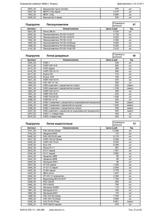 2063_00 Крышка Кр-1(для лотков) 476 шт
0407_00 МПЛ 0,75д серый 4 279 шт
1953_00 МПЛ 1,25д 5 668 шт
0408_00 Крышка Кр-3 серая 534 шт
Подгруппа Пескоуловители
Страница в
каталоге
67
Артикул Наименование Цена в руб. Ед.
0423_00 Лоток ЛВ-3п 4 335 шт
0424_00 Пескоуловитель ПУ-50-14-40-П 2 739 шт
0425_00 Пескоуловитель ПУ-50-19-50-П 5 429 шт
1954_00 Пескоуловитель ПУ-50-14-40 2 099 шт
1955_00 Пескоуловитель ПУ-50-19-50ком 4 449 шт
1956_00 Пескоуловитель ПУ-50-25-60ком 5 939 шт
2142_00 Пескоуловитель ПУ-50-14-40 ПЛ 2 619 шт
Подгруппа Лотки дождевые
Страница в
каталоге
68
Артикул Наименование Цена в руб. Ед.
2340_00 Л-В2-1 349 шт
0412_00 Л-БП-100-14-6 629 шт
0413_00 Л-В3 серый 369 шт
0416_00 Л-БП-100-14-13 959 шт
0417_00 B-plus 0/0 719 шт
0419_00 B-plus 10/0 759 шт
0421_00 Л-ВП-100-16-16 579 шт
1802_00 Л-Б-100-14-13п 509 шт
1800_00 Л-В3 (комплект с решеткой из стали) 629 компл
1801_00 Л-В3 (комплект с решеткой из чугуна) 1 189 компл
1803_00 Л-ВП-100-16-14 499 шт
1957_00 Л-ВП-100-16-8 429 шт
1960_00 Л-ВП-100-30-20 1 099 шт
2088_00 Л-ВП-50-14-12 249 шт
2347_00 Л-В2-1 (комплект с решеткой из оцинкованной секционной стали 849 компл
2348_00 Л-В2-1 (комплект с решеткой из чугуна) 1 049 компл
2349_00 Л-В2-1 (комплект с решеткой из стали) 559 компл
2257_00 Л-В3 (комплект с решеткой из оцинкованной секционной стали серый 949 компл
2674_00 Л-В2-1 с отверстием 429 шт
2675_00 Л-В3 с отверстием 459 шт
Подгруппа Лотки водосточные
Страница в
каталоге
72
Артикул Наименование Цена в руб. Ед.
2161_00 Л-Б-100-40-23ком 13 489 шт
2143_00 Защелка 8505 119 шт
0426_00 Л-Б-100-25-30 ком 6 179 шт
0427_00 Л-БП-100-25-30ком 9 059 шт
0428_00 Л-БП-100-19-23 5 409 шт
0429_00 B-sir 0/0 6 399 шт
0432_00 Лоток Л-1-7 967 шт
0433_00 Л-2-7 серый 1 957 шт
0434_00 Л-3-7 серый 3 805 шт
0443_00 Защелка 4999 89 шт
0444_00 Защелка 8999 89 шт
0445_00 Заглушка 6041 99 шт
0447_00 Л-10-5 серый 1 349 шт
0448_00 Л-10-7,5 серый 2 049 шт
0452_00 Л-300 серый 3 778 шт
0453_00 ЛБ-6 лоток 1 637 шт
0454_00 ЛТ-3/5-12 телескопич 2 309 шт
0457_00 Водоотвод ВО-30-30-П 1 169 шт
0458_00 РСС 28х28 459 шт
0460_00 РСЧ 28х28 709 шт
1963_00 Заглушка 40283 119 шт
1961_00 Заглушка 6141 169 шт
1962_00 Заглушка 6241 179 шт
1958_00 Л-Б-100-30-23ком 7 159 шт
1959_00 Л-Б-100-19-23ком 4 699 шт
2258_00 Л-Б-75-30-37ком 6 681 компл
0459_03 РСП 28х28 черная 479 шт
Очаковский комбинат ЖБИ (г. Рязань) Действителен с 19.12.2011
8(4912) 205-111, 282-966 www.okstrom.ru Стр. 27 из 59
 