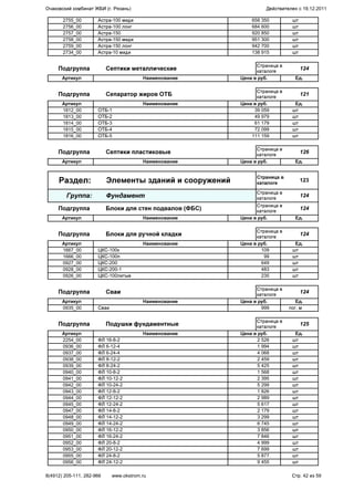 2755_00 Астра-100 миди 658 350 шт
2756_00 Астра-100 лонг 684 600 шт
2757_00 Астра-150 920 850 шт
2758_00 Астра-150 миди 951 300 шт
2759_00 Астра-150 лонг 942 700 шт
2734_00 Астра-10 миди 138 915 шт
Подгруппа Септики металлические
Страница в
каталоге
124
Артикул Наименование Цена в руб. Ед.
Подгруппа Сепаратор жиров ОТБ
Страница в
каталоге
121
Артикул Наименование Цена в руб. Ед.
1812_00 ОТБ-1 39 059 шт
1813_00 ОТБ-2 49 979 шт
1814_00 ОТБ-3 61 179 шт
1815_00 ОТБ-4 72 099 шт
1816_00 ОТБ-5 111 159 шт
Подгруппа Септики пластиковые
Страница в
каталоге
126
Артикул Наименование Цена в руб. Ед.
Раздел: Элементы зданий и сооружений
Страница в
каталоге
123
Группа: Фундамент
Страница в
каталоге
124
Подгруппа Блоки для стен подвалов (ФБС)
Страница в
каталоге
124
Артикул Наименование Цена в руб. Ед.
Подгруппа Блоки для ручной кладки
Страница в
каталоге
124
Артикул Наименование Цена в руб. Ед.
1667_00 ЦКС-100к 109 шт
1666_00 ЦКС-100п 99 шт
0927_00 ЦКС-200 649 шт
0928_00 ЦКС-200-1 483 шт
0926_00 ЦКС-100литые 235 шт
Подгруппа Сваи
Страница в
каталоге
124
Артикул Наименование Цена в руб. Ед.
0935_00 Сваи 999 пог. м
Подгруппа Подушки фундаментные
Страница в
каталоге
125
Артикул Наименование Цена в руб. Ед.
2254_00 ФЛ 16-8-2 2 526 шт
0936_00 ФЛ 6-12-4 1 994 шт
0937_00 ФЛ 6-24-4 4 068 шт
0938_00 ФЛ 8-12-2 2 459 шт
0939_00 ФЛ 8-24-2 5 425 шт
0940_00 ФЛ 10-8-2 1 568 шт
0941_00 ФЛ 10-12-2 2 395 шт
0942_00 ФЛ 10-24-2 5 299 шт
0943_00 ФЛ 12-8-2 1 826 шт
0944_00 ФЛ 12-12-2 2 989 шт
0945_00 ФЛ 12-24-2 5 617 шт
0947_00 ФЛ 14-8-2 2 179 шт
0948_00 ФЛ 14-12-2 3 299 шт
0949_00 ФЛ 14-24-2 6 745 шт
0950_00 ФЛ 16-12-2 3 856 шт
0951_00 ФЛ 16-24-2 7 846 шт
0952_00 ФЛ 20-8-2 4 999 шт
0953_00 ФЛ 20-12-2 7 699 шт
0955_00 ФЛ 24-8-2 5 877 шт
0956_00 ФЛ 24-12-2 9 455 шт
Очаковский комбинат ЖБИ (г. Рязань) Действителен с 19.12.2011
8(4912) 205-111, 282-966 www.okstrom.ru Стр. 42 из 59
 