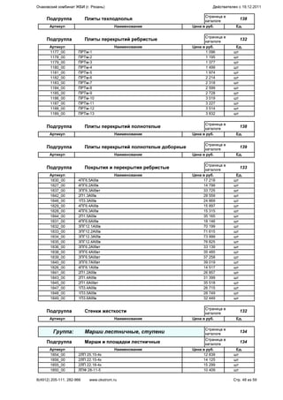 Подгруппа Плиты техподполья
Страница в
каталоге
138
Артикул Наименование Цена в руб. Ед.
Подгруппа Плиты перекрытий ребристые
Страница в
каталоге
132
Артикул Наименование Цена в руб. Ед.
1177_00 ПРТм-1 1 096 шт
1178_00 ПРТм-2 1 195 шт
1179_00 ПРТм-3 1 377 шт
1180_00 ПРТм-4 1 499 шт
1181_00 ПРТм-5 1 974 шт
1182_00 ПРТм-6 2 214 шт
1183_00 ПРТм-7 2 318 шт
1184_00 ПРТм-8 2 599 шт
1185_00 ПРТм-9 2 728 шт
1186_00 ПРТм-10 3 019 шт
1187_00 ПРТм-11 3 227 шт
1188_00 ПРТм-12 3 514 шт
1189_00 ПРТм-13 3 832 шт
Подгруппа Плиты перекрытий полнотелые
Страница в
каталоге
138
Артикул Наименование Цена в руб. Ед.
Подгруппа Плиты перекрытий полнотелые доборные
Страница в
каталоге
139
Артикул Наименование Цена в руб. Ед.
Подгруппа Покрытия и перекрытия ребристые
Страница в
каталоге
133
Артикул Наименование Цена в руб. Ед.
1830_00 4ПГ6.5АIIIв 17 218 шт
1827_00 4ПГ6.2АIIIв 14 799 шт
1837_00 3ПГ6.3АIIIвт 33 725 шт
1842_00 2П1.3АIIIв 28 559 шт
1846_00 1П3.3АIIIв 24 869 шт
1829_00 4ПГ6.4АIIIв 15 897 шт
1828_00 4ПГ6.3АIIIв 15 315 шт
1844_00 2П1.5АIIIв 35 165 шт
1831_00 4ПГ6.6АIIIв 18 146 шт
1832_00 3ПГ12.1АIIIв 70 199 шт
1833_00 3ПГ12.2АIIIв 71 615 шт
1834_00 3ПГ12.3АIIIв 73 999 шт
1835_00 3ПГ12.4АIIIв 76 825 шт
1836_00 3ПГ6.2АIIIвт 33 139 шт
1838_00 3ПГ6.4АIIIвт 35 485 шт
1839_00 3ПГ6.5АIIIвт 37 258 шт
1840_00 3ПГ6.7АIIIвт 39 019 шт
1826_00 4ПГ6.1АIIIв 14 517 шт
1841_00 2П1.2АIIIв 26 857 шт
1843_00 2П1.4АIIIв 31 399 шт
1845_00 2П1.6АIIIвт 35 518 шт
1847_00 1П3.4АIIIв 26 715 шт
1848_00 1П3.5АIIIв 28 749 шт
1849_00 1П3.6АIIIв 32 449 шт
Подгруппа Стенки жесткости
Страница в
каталоге
132
Артикул Наименование Цена в руб. Ед.
Группа: Марши лестничные, ступени
Страница в
каталоге
134
Подгруппа Марши и площадки лестничные
Страница в
каталоге
134
Артикул Наименование Цена в руб. Ед.
1854_00 2ЛП 25.15-4к 12 839 шт
1856_00 2ЛП 22.15-4к 14 125 шт
1855_00 2ЛП 22.18-4к 15 299 шт
1850_00 ЛПФ 28-11-5 10 409 шт
Очаковский комбинат ЖБИ (г. Рязань) Действителен с 19.12.2011
8(4912) 205-111, 282-966 www.okstrom.ru Стр. 48 из 59
 
