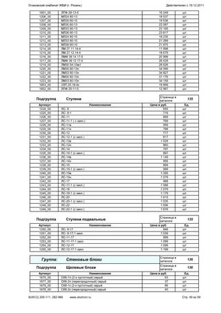 1851_00 ЛПФ 28-13-5 16 249 шт
1206_00 МЛ24 60-13 18 537 шт
1207_00 МЛ30 60-10 19 536 шт
1208_00 МЛ30 60-13 22 087 шт
1209_00 МЛ33 60-13 23 165 шт
1210_00 МЛ36 60-13 23 817 шт
1211_00 МЛ24 60-10 18 235 шт
1212_00 МЛ33 60-10 21 289 шт
1213_00 МЛ36 60-10 21 975 шт
1214_00 ЛМ 27.11.14-4 11 998 шт
1215_00 ЛМ 27.12.14-4 18 679 шт
1216_00 ЛМФ 39.14.17-5 20 999 шт
1217_00 ЛМФ 39.12.17-5 26 428 шт
1219_00 ЛМ30 54-10м1 28 626 шт
1220_00 ЛМ30 60-13п 34 099 шт
1221_00 ЛМ33 60-13п 34 827 шт
1222_00 ЛМ30 60-10п 31 176 шт
1223_00 ЛМ33 60-10п 34 159 шт
1853_00 2ЛП 25.18-4к 19 899 шт
1852_00 ЛПФ 25-11-5 12 967 шт
Подгруппа Ступени
Страница в
каталоге
135
Артикул Наименование Цена в руб. Ед.
1224_00 ЛС- 9 655 шт
1225_00 ЛС- 9-1 719 шт
1226_00 ЛС-11 669 шт
1227_00 ЛС-11-1 ( с закл.) 769 шт
1228_00 ЛС-11в 959 шт
1229_00 ЛС-11н 798 шт
1230_00 ЛС-12 717 шт
1231_00 ЛС-12-1 (с закл.) 817 шт
1232_00 ЛС-12в 1 029 шт
1233_00 ЛС-12н 860 шт
1234_00 ЛС-14 797 шт
1235_00 ЛС-14-1 (с закл.) 897 шт
1236_00 ЛС-14в 1 149 шт
1237_00 ЛС-14н 956 шт
1238_00 ЛС-15 899 шт
1239_00 ЛС-15-1 (с закл.) 999 шт
1240_00 ЛС-15в 1 295 шт
1241_00 ЛС-15н 1 079 шт
1242_00 ЛС-17 988 шт
1243_00 ЛС-17-1 (с закл.) 1 088 шт
1244_00 ЛС-18 1 079 шт
1245_00 ЛС-18-1 (с закл.) 1 179 шт
1246_00 ЛС-20 1 415 шт
1247_00 ЛС-20-1 (с закл.) 1 535 шт
1248_00 ЛС-22 1 556 шт
1249_00 ЛС-22-1 (с закл.) 1 676 шт
Подгруппа Ступени подвальные
Страница в
каталоге
135
Артикул Наименование Цена в руб. Ед.
1250_00 ЛС- 9-17 848 шт
1251_00 ЛС- 9-17-1 закл. 1 039 шт
1252_00 ЛС-11-17 999 шт
1253_00 ЛС-11-17-1 закл. 1 099 шт
1254_00 ЛС-12-17 1 099 шт
1255_00 ЛС-12-17-1 закл. 1 199 шт
Группа: Стеновые блоки
Страница в
каталоге
136
Подгруппа Щелевые блоки
Страница в
каталоге
136
Артикул Наименование Цена в руб. Ед.
1675_00 СКК-1п (2-х пустотный) серый 63 шт
1677_00 СКК-2п (перегородочный) серый 37 шт
1679_00 СКК-1к (2-х пустотный) серый 66 шт
1678_00 СКК-2к (перегородочный) серый 45 шт
Очаковский комбинат ЖБИ (г. Рязань) Действителен с 19.12.2011
8(4912) 205-111, 282-966 www.okstrom.ru Стр. 49 из 59
 