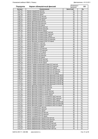 Подгруппа Кирпич облицовочный финский
Страница в
каталоге
139
Артикул Наименование Цена в руб. Ед.
1297_07 Кирпич гладкий К-Е желтый 42 шт
1297_01 Кирпич гладкий К-Е красный 45 шт
1297_00 Кирпич гладкий К-Е серый 45 шт
1298_07 Кирпич гладкий К-Е-55 желтый 42 шт
1298_01 Кирпич гладкий К-Е-55 красный 45 шт
1298_00 Кирпич гладкий К-Е-55 серый 45 шт
1299_07 Кирпич финский К-ЕФ желтый 42 шт
1299_01 Кирпич финский К-ЕФ красный 45 шт
1299_00 Кирпич финский К-ЕФ серый 45 шт
1300_07 Кирпич финский К-ЕФ-55 желтый 42 шт
1300_01 Кирпич финский К-ЕФ-55 красный 45 шт
1300_00 Кирпич финский К-ЕФ-55 серый 45 шт
1301_07 Кирпич финский тычковый К-ЕФТ желтый 42 шт
1301_01 Кирпич финский тычковый К-ЕФТ красный 45 шт
1301_00 Кирпич финский тычковый К-ЕФТ серый 45 шт
1302_07 Кирпич финский тычковый К-ЕФТ-55 желтый 42 шт
1302_01 Кирпич финский тычковый К-ЕФТ-55 красный 45 шт
1302_00 Кирпич финский тычковый К-ЕФТ-55 серый 45 шт
1303_07 Кирпич угловой К-У1 желтый 43 шт
1303_01 Кирпич угловой К-У1 красный 46 шт
1303_00 Кирпич угловой К-У1 серый 46 шт
1304_07 Кирпич угловой К-У1-55 желтый 42 шт
1304_01 Кирпич угловой К-У1-55 красный 45 шт
1304_00 Кирпич угловой К-У1-55 серый 45 шт
1305_07 Кирпич угловой К-У45 желтый 45 шт
1305_01 Кирпич угловой К-У45 красный 46 шт
1305_00 Кирпич угловой К-У45 серый 46 шт
1306_07 Кирпич угловой К-У45-55 желтый 42 шт
1306_01 Кирпич угловой К-У45-55 красный 45 шт
1306_00 Кирпич угловой К-У45-55 серый 45 шт
1307_07 Кирпич с двумя скошенными углами К-2У желтый 45 шт
1307_01 Кирпич с двумя скошенными углами К-2У красный 46 шт
1307_00 Кирпич с двумя скошенными углами К-2У серый 46 шт
1308_07 Кирпич с двумя скошенными углами К-2У-55 желтый 45 шт
1308_01 Кирпич с двумя скошенными углами К-2У-55 красный 46 шт
1308_00 Кирпич с двумя скошенными углами К-2У-55 серый 46 шт
1309_07 Кирпич с двумя скошенными углами финский К-2УФ желтый 42 шт
1309_01 Кирпич с двумя скошенными углами финский К-2УФ красный 45 шт
1309_00 Кирпич с двумя скошенными углами финский К-2УФ серый 45 шт
1310_07 Кирпич с двумя скошенными углами финский К-2УФ-55 желтый 42 шт
1310_01 Кирпич с двумя скошенными углами финский К-2УФ-55 красный 45 шт
1310_00 Кирпич с двумя скошенными углами финский К-2УФ-55 серый 45 шт
1311_07 Кирпич финский угловой К-У1Ф желтый 45 шт
1311_01 Кирпич финский угловой К-У1Ф красный 46 шт
1311_00 Кирпич финский угловой К-У1Ф серый 46 шт
1312_07 Кирпич финский угловой К-У1Ф-55 желтый 45 шт
1312_01 Кирпич финский угловой К-У1Ф-55 красный 46 шт
1312_00 Кирпич финский угловой К-У1Ф-55 серый 46 шт
1313_07 Кирпич финский угловой 2-х тычковый К-УФ2Т желтый 42 шт
1313_01 Кирпич финский угловой 2-х тычковый К-УФ2Т красный 46 шт
1313_00 Кирпич финский угловой 2-х тычковый К-УФ2Т серый 46 шт
1314_07 Кирпич финский угловой 2-х тычковый К-УФ2Т-55 желтый 42 шт
1314_01 Кирпич финский угловой 2-х тычковый К-УФ2Т-55 красный 46 шт
1314_00 Кирпич финский угловой 2-х тычковый К-УФ2Т-55 серый 46 шт
1315_07 Кирпич тычковый К-ЕТ желтый 45 шт
1315_01 Кирпич тычковый К-ЕТ красный 46 шт
1315_00 Кирпич тычковый К-ЕТ серый 46 шт
1316_07 Кирпич тычковый К-ЕТ-55 желтый 42 шт
1316_01 Кирпич тычковый К-ЕТ-55 красный 46 шт
1316_00 Кирпич тычковый К-ЕТ-55 серый 46 шт
1317_07 Кирпич американский гладкий К-Ам желтый 30 шт
1317_01 Кирпич американский гладкий К-Ам красный 34 шт
1317_00 Кирпич американский гладкий К-Ам серый 34 шт
1318_07 Кирпич американский гладкий К-Ам-55 желтый 30 шт
1318_01 Кирпич американский гладкий К-Ам-55 красный 34 шт
1318_00 Кирпич американский гладкий К-Ам-55 серый 34 шт
1319_07 Кирпич американский тычковый К-АмТ желтый 30 шт
Очаковский комбинат ЖБИ (г. Рязань) Действителен с 19.12.2011
8(4912) 205-111, 282-966 www.okstrom.ru Стр. 51 из 59
 