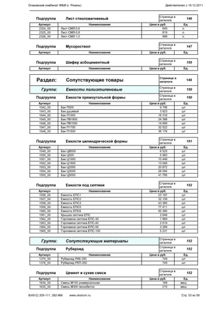 Подгруппа Лист стекломагниевый
Страница в
каталоге
146
Артикул Наименование Цена в руб. Ед.
2324_00 Лист СМЛ-0,6 649 л.
2325_00 Лист СМЛ-0,8 819 л.
2326_00 Лист СМЛ-1,0 999 л.
Подгруппа Мусороствол
Страница в
каталоге
147
Артикул Наименование Цена в руб. Ед.
Подгруппа Шифер асбоцементный
Страница в
каталоге
155
Артикул Наименование Цена в руб. Ед.
Раздел: Сопутствующие товары
Страница в
каталоге
149
Группа: Емкости полиэтиленовые
Страница в
каталоге
150
Подгруппа Емкости прямоугольной формы
Страница в
каталоге
150
Артикул Наименование Цена в руб. Ед.
1542_00 Бак П500 9 796 шт
1543_00 Бак душевой 3 923 шт
1544_00 Бак П1000 16 316 шт
1545_00 Бак ПВ1800 24 388 шт
1546_00 Бак ПВ1000 14 999 шт
1547_00 Бак П1750 32 522 шт
1548_00 Бак П1500 36 176 шт
Подгруппа Емкости цилиндрической формы
Страница в
каталоге
151
Артикул Наименование Цена в руб. Ед.
1549_00 Бак ЦВ500 6 525 шт
1550_00 Бак Ц500 5 983 шт
1551_00 Бак Ц1000 10 449 шт
1552_00 Бак Ц1500 13 046 шт
1553_00 Бак Ц2000 20 872 шт
1554_00 Бак Ц3000 26 094 шт
1555_00 Бак Ц5000 41 795 шт
Подгруппа Емкости под септики
Страница в
каталоге
152
Артикул Наименование Цена в руб. Ед.
1556_00 Емкость ЕПС1 23 187 шт
1557_00 Емкость ЕПС2 32 109 шт
1558_00 Емкость ЕПС3 43 380 шт
1559_00 Емкость ЕПС5 77 411 шт
1560_00 Емкость ЕПС6 92 280 шт
1561_00 Крышка септика ЕПС 2 848 шт
1562_00 Горловина септика ЕПС-30 1 969 шт
1563_00 Горловина септика ЕПС-40 2 619 шт
1564_00 Горловина септика ЕПС-50 3 269 шт
1565_00 Горловина септика ЕПС-100 5 231 шт
Группа: Сопутствующие материалы
Страница в
каталоге
152
Подгруппа Рубероид
Страница в
каталоге
152
Артикул Наименование Цена в руб. Ед.
1375_00 Рубероид РКК-350 749 шт
1376_00 Рубероид РКП-350 749 шт
Подгруппа Цемент и сухие смеси
Страница в
каталоге
152
Артикул Наименование Цена в руб. Ед.
1634_00 Смесь М150 универсальная 189 меш
1635_00 Смесь М300 пескобетон 215 меш
Очаковский комбинат ЖБИ (г. Рязань) Действителен с 19.12.2011
8(4912) 205-111, 282-966 www.okstrom.ru Стр. 53 из 59
 
