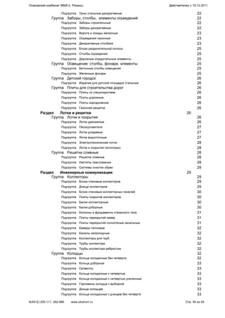 Подгруппа Урны стальные декоративные 22
Группа Заборы, столбы, элементы ограждений 22
Подгруппа Заборы строительные 22
Подгруппа Заборы декоративные 22
Подгруппа Ворота и ограды железные 23
Подгруппа Ограждения газонные 23
Подгруппа Декоративные столбики 23
Подгруппа Блоки разделительной полосы 25
Подгруппа Столбы ограждения 25
Подгруппа Дорожные оградительные элементы 25
Группа Освещение: столбы, фонари, элементы 25
Подгруппа Бетонные столбы освещения 25
Подгруппа Железные фонари 25
Группа Детский городок 26
Подгруппа Изделия для детской площадки стальные 26
Группа Плиты для строительства дорог 26
Подгруппа Плиты со спецпокрытием 26
Подгруппа Плиты дорожные 26
Подгруппа Плиты аэродромные 26
Подгруппа Газонная решетка 26
Раздел Лотки и решетки 26
Группа Лотки и покрытия 26
Подгруппа Лотки дренажные 26
Подгруппа Пескоуловители 27
Подгруппа Лотки дождевые 27
Подгруппа Лотки водосточные 27
Подгруппа Электротехнические лотки 28
Подгруппа Лотки и покрытия теплотрасс 28
Группа Решетки сливные 28
Подгруппа Решетки сливные 28
Подгруппа Настилы прессованые 28
Подгруппа Системы очистки обуви 29
Раздел Инженерные коммуникации 29
Группа Коллекторы 29
Подгруппа Блоки стеновые коллекторов 29
Подгруппа Днища коллекторов 29
Подгруппа Блоки стеновые коллекторных панелей 30
Подгруппа Плиты покрытий коллекторов 30
Подгруппа Балки коллекторные 30
Подгруппа Балки доборные 30
Подгруппа Колонны и фундаменты стаканного типа 31
Подгруппа Плиты перекрытий камер 31
Подгруппа Плиты перекрытий полнотелые канальные 31
Подгруппа Камеры тепловые 32
Подгруппа Каналы непроходные 32
Подгруппа Коллекторы для труб 32
Подгруппа Трубы коллектора 32
Подгруппа Трубы коллектора ребристые 32
Группа Колодцы 32
Подгруппа Кольца колодезные без четверти 32
Подгруппа Кольца доборные 33
Подгруппа Сегменты 33
Подгруппа Кольца колодезные с четвертью 33
Подгруппа Кольца колодезные с четвертью усиленные 33
Подгруппа Горловины колодца с выборкой 33
Подгруппа Днища колодцев 33
Подгруппа Кольца колодезные с днищем без четверти 33
Очаковский комбинат ЖБИ (г. Рязань) Действителен с 19.12.2011
8(4912) 205-111, 282-966 www.okstrom.ru Стр. 56 из 59
 