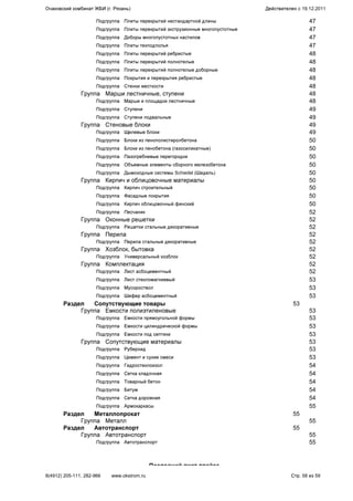 Подгруппа Плиты перекрытий нестандартной длины 47
Подгруппа Плиты перекрытий экструзионные многопустотные 47
Подгруппа Доборы многопустотных настилов 47
Подгруппа Плиты техподполья 47
Подгруппа Плиты перекрытий ребристые 48
Подгруппа Плиты перекрытий полнотелые 48
Подгруппа Плиты перекрытий полнотелые доборные 48
Подгруппа Покрытия и перекрытия ребристые 48
Подгруппа Стенки жесткости 48
Группа Марши лестничные, ступени 48
Подгруппа Марши и площадки лестничные 48
Подгруппа Ступени 49
Подгруппа Ступени подвальные 49
Группа Стеновые блоки 49
Подгруппа Щелевые блоки 49
Подгруппа Блоки из пенополистиролбетона 50
Подгруппа Блоки из пенобетона (газосиликатные) 50
Подгруппа Пазогребневые перегородки 50
Подгруппа Объемные элементы сборного железобетона 50
Подгруппа Дымоходные системы Schiedel (Шидель) 50
Группа Кирпич и облицовочные материалы 50
Подгруппа Кирпич строительный 50
Подгруппа Фасадные покрытия 50
Подгруппа Кирпич облицовочный финский 50
Подгруппа Песчаник 52
Группа Оконные решетки 52
Подгруппа Решетки стальные декоративные 52
Группа Перила 52
Подгруппа Перила стальные декоративные 52
Группа Хозблок, бытовка 52
Подгруппа Универсальный хозблок 52
Группа Комплектация 52
Подгруппа Лист асбоцементный 52
Подгруппа Лист стекломагниевый 53
Подгруппа Мусороствол 53
Подгруппа Шифер асбоцементный 53
Раздел Сопутствующие товары 53
Группа Емкости полиэтиленовые 53
Подгруппа Емкости прямоугольной формы 53
Подгруппа Емкости цилиндрической формы 53
Подгруппа Емкости под септики 53
Группа Сопутствующие материалы 53
Подгруппа Рубероид 53
Подгруппа Цемент и сухие смеси 53
Подгруппа Гидростеклоизол 54
Подгруппа Сетка кладочная 54
Подгруппа Товарный бетон 54
Подгруппа Битум 54
Подгруппа Сетка дорожная 54
Подгруппа Армокаркасы 55
Раздел Металлопрокат 55
Группа Металл 55
Раздел Автотранспорт 55
Группа Автотранспорт 55
Подгруппа Автотранспорт 55
Последний лист прайса
Очаковский комбинат ЖБИ (г. Рязань) Действителен с 19.12.2011
8(4912) 205-111, 282-966 www.okstrom.ru Стр. 58 из 59
 