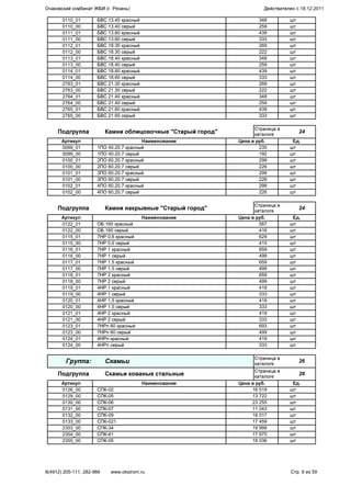 0110_01 БВС 13.40 красный 348 шт
0110_00 БВС 13.40 серый 259 шт
0111_01 БВС 13.60 красный 439 шт
0111_00 БВС 13.60 серый 333 шт
0112_01 БВС 18.30 красный 269 шт
0112_00 БВС 18.30 серый 222 шт
0113_01 БВС 18.40 красный 348 шт
0113_00 БВС 18.40 серый 259 шт
0114_01 БВС 18.60 красный 439 шт
0114_00 БВС 18.60 серый 333 шт
2763_01 БВС 21.30 красный 269 шт
2763_00 БВС 21.30 серый 222 шт
2764_01 БВС 21.40 красный 348 шт
2764_00 БВС 21.40 серый 259 шт
2765_01 БВС 21.60 красный 439 шт
2765_00 БВС 21.60 серый 333 шт
Подгруппа Камни облицовочные "Старый город"
Страница в
каталоге
24
Артикул Наименование Цена в руб. Ед.
0099_01 1ПО 40.20.7 красный 235 шт
0099_00 1ПО 40.20.7 серый 192 шт
0100_01 2ПО 60.20.7 красный 299 шт
0100_00 2ПО 60.20.7 серый 226 шт
0101_01 3ПО 60.20.7 красный 299 шт
0101_00 3ПО 60.20.7 серый 226 шт
0102_01 4ПО 60.20.7 красный 299 шт
0102_00 4ПО 60.20.7 серый 226 шт
Подгруппа Камни накрывные "Старый город"
Страница в
каталоге
24
Артикул Наименование Цена в руб. Ед.
0122_01 ОБ 160 красный 567 шт
0122_00 ОБ 160 серый 416 шт
0115_01 7НР 0,6 красный 629 шт
0115_00 7НР 0,6 серый 415 шт
0116_01 7НР 1 красный 659 шт
0116_00 7НР 1 серый 499 шт
0117_01 7НР 1,5 красный 659 шт
0117_00 7НР 1,5 серый 499 шт
0118_01 7НР 2 красный 659 шт
0118_00 7НР 2 серый 499 шт
0119_01 4НР 1 красный 419 шт
0119_00 4НР 1 серый 333 шт
0120_01 4НР 1,5 красный 419 шт
0120_00 4НР 1,5 серый 333 шт
0121_01 4НР 2 красный 419 шт
0121_00 4НР 2 серый 333 шт
0123_01 7НРп 60 красный 693 шт
0123_00 7НРп 60 серый 499 шт
0124_01 4НРп красный 419 шт
0124_00 4НРп серый 333 шт
Группа: Скамьи
Страница в
каталоге
26
Подгруппа Скамьи кованые стальные
Страница в
каталоге
26
Артикул Наименование Цена в руб. Ед.
0126_00 СПК-02 16 519 шт
0129_00 СПК-05 13 722 шт
0130_00 СПК-06 23 255 шт
0131_00 СПК-07 11 243 шт
0132_00 СПК-09 18 017 шт
0133_00 СПК-021 17 459 шт
2353_00 СПК-34 19 999 шт
2354_00 СПК-41 17 975 шт
2355_00 СПК-55 18 036 шт
Очаковский комбинат ЖБИ (г. Рязань) Действителен с 19.12.2011
8(4912) 205-111, 282-966 www.okstrom.ru Стр. 6 из 59
 
