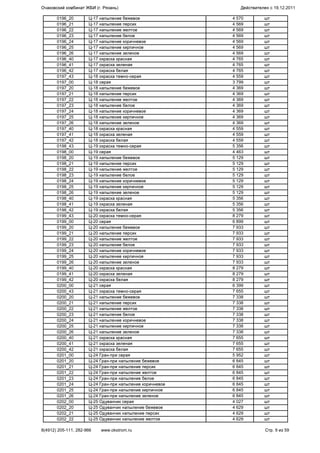 0196_20 Ц-17 напыление бежевое 4 570 шт
0196_21 Ц-17 напыление персик 4 569 шт
0196_22 Ц-17 напыление желтое 4 569 шт
0196_23 Ц-17 напыление белое 4 569 шт
0196_24 Ц-17 напыление коричневое 4 569 шт
0196_25 Ц-17 напыление кирпичное 4 569 шт
0196_26 Ц-17 напыление зеленое 4 569 шт
0196_40 Ц-17 окраска красная 4 765 шт
0196_41 Ц-17 окраска зеленая 4 765 шт
0196_42 Ц-17 окраска белая 4 765 шт
0197_43 Ц-18 окраска темно-серая 4 559 шт
0197_00 Ц-18 серая 3 799 шт
0197_20 Ц-18 напыление бежевое 4 369 шт
0197_21 Ц-18 напыление персик 4 369 шт
0197_22 Ц-18 напыление желтое 4 369 шт
0197_23 Ц-18 напыление белое 4 369 шт
0197_24 Ц-18 напыление коричневое 4 369 шт
0197_25 Ц-18 напыление кирпичное 4 369 шт
0197_26 Ц-18 напыление зеленое 4 369 шт
0197_40 Ц-18 окраска красная 4 559 шт
0197_41 Ц-18 окраска зеленая 4 559 шт
0197_42 Ц-18 окраска белая 4 559 шт
0198_43 Ц-19 окраска темно-серая 5 356 шт
0198_00 Ц-19 серая 4 463 шт
0198_20 Ц-19 напыление бежевое 5 129 шт
0198_21 Ц-19 напыление персик 5 129 шт
0198_22 Ц-19 напыление желтое 5 129 шт
0198_23 Ц-19 напыление белое 5 129 шт
0198_24 Ц-19 напыление коричневое 5 129 шт
0198_25 Ц-19 напыление кирпичное 5 129 шт
0198_26 Ц-19 напыление зеленое 5 129 шт
0198_40 Ц-19 окраска красная 5 356 шт
0198_41 Ц-19 окраска зеленая 5 356 шт
0198_42 Ц-19 окраска белая 5 356 шт
0199_43 Ц-20 окраска темно-серая 8 279 шт
0199_00 Ц-20 серая 6 899 шт
0199_20 Ц-20 напыление бежевое 7 933 шт
0199_21 Ц-20 напыление персик 7 933 шт
0199_22 Ц-20 напыление желтое 7 933 шт
0199_23 Ц-20 напыление белое 7 933 шт
0199_24 Ц-20 напыление коричневое 7 933 шт
0199_25 Ц-20 напыление кирпичное 7 933 шт
0199_26 Ц-20 напыление зеленое 7 933 шт
0199_40 Ц-20 окраска красная 8 279 шт
0199_41 Ц-20 окраска зеленая 8 279 шт
0199_42 Ц-20 окраска белая 8 279 шт
0200_00 Ц-21 серая 6 399 шт
0200_43 Ц-21 окраска темно-серая 7 655 шт
0200_20 Ц-21 напыление бежевое 7 338 шт
0200_21 Ц-21 напыление персик 7 338 шт
0200_22 Ц-21 напыление желтое 7 338 шт
0200_23 Ц-21 напыление белое 7 338 шт
0200_24 Ц-21 напыление коричневое 7 338 шт
0200_25 Ц-21 напыление кирпичное 7 338 шт
0200_26 Ц-21 напыление зеленое 7 338 шт
0200_40 Ц-21 окраска красная 7 655 шт
0200_41 Ц-21 окраска зеленая 7 655 шт
0200_42 Ц-21 окраска белая 7 655 шт
0201_00 Ц-24 Гран-при серая 5 952 шт
0201_20 Ц-24 Гран-при напыление бежевое 6 845 шт
0201_21 Ц-24 Гран-при напыление персик 6 845 шт
0201_22 Ц-24 Гран-при напыление желтое 6 845 шт
0201_23 Ц-24 Гран-при напыление белое 6 845 шт
0201_24 Ц-24 Гран-при напыление коричневое 6 845 шт
0201_25 Ц-24 Гран-при напыление кирпичное 6 845 шт
0201_26 Ц-24 Гран-при напыление зеленое 6 845 шт
0202_00 Ц-25 Одуванчик серая 4 027 шт
0202_20 Ц-25 Одуванчик напыление бежевое 4 629 шт
0202_21 Ц-25 Одуванчик напыление персик 4 629 шт
0202_22 Ц-25 Одуванчик напыление желтое 4 629 шт
Очаковский комбинат ЖБИ (г. Рязань) Действителен с 19.12.2011
8(4912) 205-111, 282-966 www.okstrom.ru Стр. 9 из 59
 