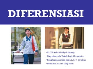 53.000 Yakult Lady di Jepang Tiap tahun ada Yakult Lady Convention Penghargaan masa kerja 3, 5, 7, 10 tahun Pemilihan Yakult Lady Ideal DIFERENSIASI 