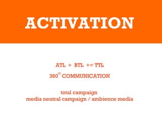 ACTIVATION ATL  +  BTL  += TTL 360 O  COMMUNICATION total campaign  media neutral campaign / ambience media 