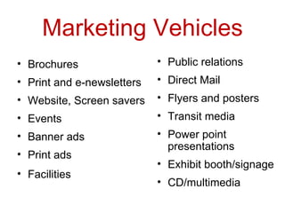 Marketing Vehicles Brochures Print and e-newsletters Website, Screen savers Events Banner ads Print ads Facilities Public relations Direct Mail Flyers and posters Transit media Power point presentations Exhibit booth/signage CD/multimedia 