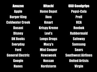 Amazon           Hitachi       OXO Goodgrips
     Apple         Home Depot        Pepsi-Cola
  Burger King          Ikea             Prell
Coldwater Creek       Kmart              RCA
    Dasani         Krispy Kreme        Reebok
    Disney            Levi’s         Rubbermaid
   DK Books        Longs Drugs        Safeway
   Everyday          Macy’s           Samsung
     Ford          Mini Cooper          Sears
General Electric    Newsweek      Southwest Airlines
    Google           Nussan         United Artists
    Hanes           Nordstorm           Virgin
 