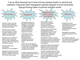 I am an HR professional and I work with key business leaders to identify and implement integrated talent management systems designed to build and develop high performing teams to optimize business results Created in-house recruiting function to meet national & regional talent needs-reduced recruiting cost by 40% Identified and recruited  world class talent to fill key vacancies –elevated creative reputation of agency within  industry and with clients Developed hiring competency model to ensure recruiting efforts target candidates with necessary skill set, aptitude and attitude for success Facilitated Behavioral Interviewing workshop for hiring managers Implemented applicant tracking system to ensure availability of qualified candidates-reduction in fill time and track success Developed and delivered Engagement Workshop on principles and importance of employee engagement as driver of business results to GM/HR and leadership at Detroit Symphony Orchestra Achieved significant improvement in climate survey results by developing relevant strategies/initiatives to address organizational issues Effectively and strategically  utilized task force methodology to ensure buy-in and ownership to shape culture/address changing business needs Provided counsel and guidance to senior/frontline leaders on how to align integrated talent management systems for better business results  Built branded in-house training and development function to promote professional development, productivity and creativity Created, wrote and facilitated customized performance management process for staff and leadership including 360 feedback tool, competency model, goal setting Redesigned/revitalized in-house university curriculum by establishing relationships with local universities; leveraging network resources and in-house experts Developed Leadership Development program for senior and mid-level leaders based on business needs, strategic and cultural priorities Identified strengths/talents of HR team to restructure function aligned with vision of consultative, client focused, knowledgeable, cross functional group of respected, value-added professionals Developed retention strategies/practices based upon business landscape, changing employee expectations and workforce  demographics  Engagement Organizational  Effectiveness/ Development Retention Redesigned and expanded on boarding process for new  hires Functioned as respected and credible executive/employee coach for career development and performance issues Recruitment 