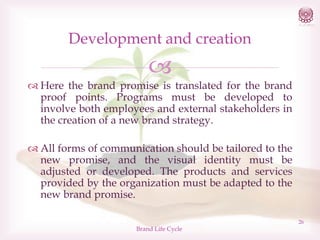 Development and creation


 Here the brand promise is translated for the brand
proof points. Programs must be developed to
involve both employees and external stakeholders in
the creation of a new brand strategy.

 All forms of communication should be tailored to the
new promise, and the visual identity must be
adjusted or developed. The products and services
provided by the organization must be adapted to the
new brand promise.
Brand Life Cycle

26

 
