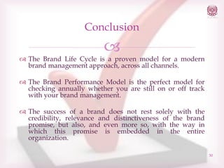 Conclusion



 The Brand Life Cycle is a proven model for a modern
brand management approach, across all channels.
 The Brand Performance Model is the perfect model for
checking annually whether you are still on or off track
with your brand management.
 The success of a brand does not rest solely with the
credibility, relevance and distinctiveness of the brand
promise, but also, and even more so, with the way in
which this promise is embedded in the entire
organization.
30

 