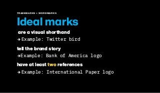 TRADEMARKS + WORDMARKS
Ideal marks
are a visual shorthand
2 
Example: Twitter bird
tell the brand story
2Example: Bank of America logo
have at least two references
2 
Example: International Paper logo
 