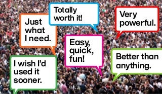 Just
what
I need. Easy,
quick,
fun!
Very
powerful.
Totally
worth it!
Better than
anything.
I wish I’d
used it
sooner.
 