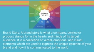 Brand Story: A brand story is what a company, service or
product stands for in the hearts and minds of its target
audience. It is a collection of verbal, emotional and visual
elements which are used to express the unique essence of your
brand and how it is communicated to the world
 