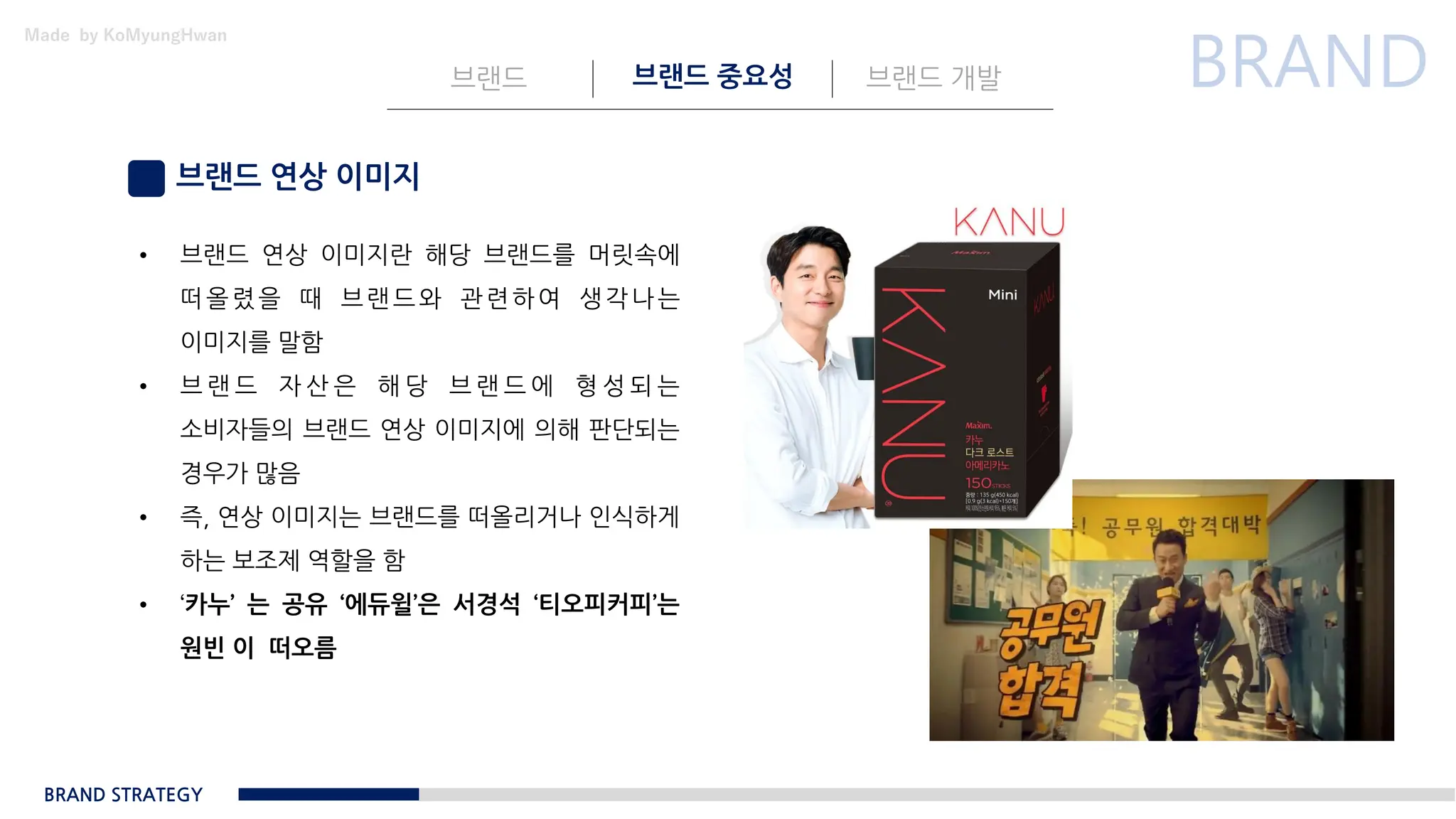 Made by KoMyungHwan
브랜드 연상 이미지
브랜드 브랜드 중요성 브랜드 개발
BRAND STRATEGY
• 브랜드 연상 이미지란 해당 브랜드를 머릿속에
떠올렸을 때 브랜드와 관련하여 생각나는
이미지를 말함
• 브 랜 드 자 산 은 해 당 브 랜 드 에 형 성 되 는
소비자들의 브랜드 연상 이미지에 의해 판단되는
경우가 많음
• 즉, 연상 이미지는 브랜드를 떠올리거나 인식하게
하는 보조제 역할을 함
• ‘카누’ 는 공유 ‘에듀윌’은 서경석 ‘티오피커피’는
원빈 이 떠오름
 