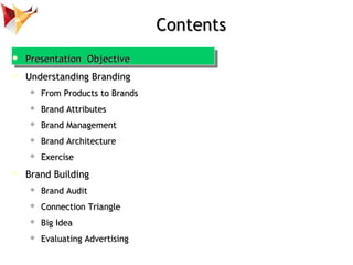 Contents
   Presentation Objective
   Understanding Branding
       From Products to Brands
       Brand Attributes
  ...