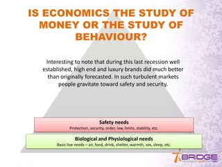IS ECONOMICS THE STUDY OF
MONEY OR THE STUDY OF
BEHAVIOUR?
Interesting to note that during this last recession well
established, high end and luxury brands did much better
than originally forecasted. In such turbulent markets
people gravitate toward safety and security.
Safety needs
Protection, security, order, law, limits, stability, etc.
Biological and Physiological needs
Basic live needs – air, food, drink, shelter, warmth, sex, sleep, etc.
 