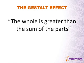 THE GESTALT EFFECT
“The whole is greater than
the sum of the parts”
 