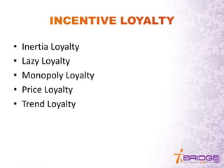 • Inertia Loyalty
• Lazy Loyalty
• Monopoly Loyalty
• Price Loyalty
• Trend Loyalty
 