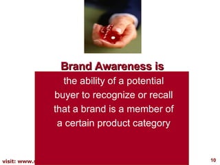 Brand Awareness is   the ability of a potential buyer to recognize or recall that a brand is a member of a certain product category 