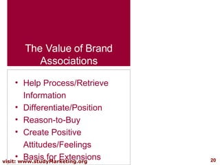 The Value of Brand Associations Help Process/Retrieve Information Differentiate/Position Reason-to-Buy Create Positive Attitudes/Feelings  Basis for Extensions 