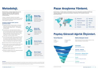 18  Brand Finance Turkey 100  Haziran 2020 Brand Finance Turkey 100  Haziran 2020  19brandirectory.com/turkeybrandfinance.com
Metodoloji.
Brand Finance, sıralama tablolarında yer alan
markaların değerini ISO 10668 standardı
doğrultusunda, “Hak Bedeli” yöntemi ile
hesaplamaktadır.
Yöntem, bir lisansörün markasını açık pazarda
lisanslayarak elde edeceği kazanç esasından hareketle
şirketin elde ettiği hasılata hak bedeli uyarlayarak net
marka değerine ulaşmaktadır.
Hesaplama aşağıdaki adımlar uyarınca
gerçekleşme ktedir:
1	Pazarlama Yatırımları, Göreceli Ağırlık ve Faaliyetin
Performansı ölçümleri kullanılarak markanın gücü
hesaplanmaktadır. Marka Gücü 0 – 100 aralığında
skorlanmaktadır.
2	Her endüstri için, satın alma kararında markanın
önemini yansıtan hak bedeli aralığı tespit edilmektedir.
Bu oran lüks ürünlerde en yüksek, doğal maddeleri
işleyen endüstrilerin emtia ürünlerinde ise en düşük
olmaktadır. Bu tespit mukayese edilebilir lisans
anlaşmaları incelenerek sağlanmaktadır.
3	Hak bedeli oranının tespiti. Bunun için markanın gücü
skoru hak bedeli aralığına uyarlanmaktadır. Örneğin,
bir endüstri için hak bedeli aralığı %0 - %5 ve marka
gücü 100 üzerinden 80 ise bu sektörde yer alan bir
marka için uyarlanacak hak bedeli oranı %4 olacaktır.
4	Şirket hasılatı içerisinde markaya ait payın tespiti..
5	Geçmiş hasılat, sermaye piyasası analistleri tahminleri
ve ekonominin büyüme oranları dikkate alınarak
gelecekteki hasılatın tespiti.
6	Markaya ait hasılatın tespiti için hak bedeli oranının
gelecekteki hasılata uyarlanması.
7	Markaya ait hasılata iskonto oranı uygulanarak şimdiki
net marka değerinin hesaplanması.
Disclaimer
Brand Finance has produced this study with an independent and unbiased analysis. The values derived and opinions produced in this study are based only on publicly available information
and certain assumptions that Brand Finance used where such data was deficient or unclear. Brand Finance accepts no responsibility and will not be liable in the event that the publicly available
information relied upon is subsequently found to be inaccurate. The opinions and financial analysis expressed in the report are not to be construed as providing investment or business advice.
Brand Finance does not intend the report to be relied upon for any reason and excludes all liability to any body, government or organisation.
Pazar Araştırma Yöntemi.
Paydaş Göreceli Ağırlık Ölçümleri.
Marka dönüşüm hunisi
Marka dönüşüm hunisi bir markanın gücünün nasıl
satışa dönüştüğünü özetlemektedir.
Temel Ölçümler
Brand Finance, 10 farklı sektör için 29 ülkede 18 yaş üzeri internetten erişilebilen 50,000 kişiyi
kapsayan özgün pazar araştırması yürütmüştür. Araştırmalar 2019 sonbahar aylarında
gerçekleştirilmiştir.
	+ İtibar
	+ İnovasyon
	+ Güven
	+ Duygusal Bağ
	+ Tavsiye
	+ Kalite
Farkındalık
Mevcut marka hakkında bilgi
Aşinalık / Yakınlık
Marka hakkında derinliğine bilgi
Önemseme / Dikkate Alma
Bir sonraki tercih için kısa listeye alma
Tercih
Kullanıcının markayı tercih etmesi
Sadakat
Tekrar tercih / kullanma niyeti
Bankacılık
Telekomünikasyon
Sigortacılık
Kamusal hizmetler
Havayolu
Teknoloji
Otomotiv
Oteller
Bira
Petrol ve Gaz
Marka Gücü
Endeksi (BSI)
Marka gücü 100
üzerinden belirlenen
Marka Gücü Endeksi ile
ifade edilmektedir.
Marka Hak
Bedeli Oranı
Sektörel hak bedeli
aralığına marka gücü
endeksi skorunun
uyarlanması.
Markalı Hasılat
Gelecekteki hasılata
marka hak bedeli oranının
uyarlanması.
Marka Değeri
Vergi sonrası markalı
hasılatın şimdiki net
değere iskonto edilmesi.
 