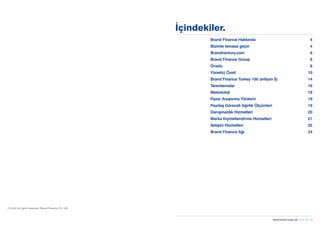 Brand Finance Turkey 100  Haziran 2020  3
İçindekiler.
Brand Finance Hakkında 4
Bizimle temasa geçin 4
Brandirectory.com6
Brand Finance Group 6
Önsöz 8
Yönetici Özeti 10
Brand Finance Turkey 100 (milyon $) 14
Tanımlamalar 16
Metodoloji 18
Pazar Araştırma Yöntemi 19
Paydaş Göreceli Ağırlık Ölçümleri 19
Danışmanlık Hizmetleri 20
Marka Kıymetlendirme Hizmetleri 21
İletişim Hizmetleri 22
Brand Finance Ağı 24
© 2020 All rights reserved. Brand Finance Plc, UK.
 