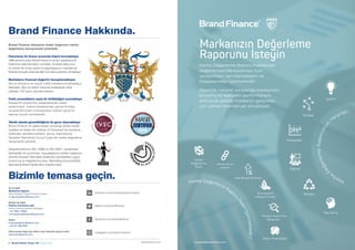 4  Brand Finance Turkey 100  Haziran 2020 Brand Finance Turkey 100  Haziran 2020  5brandirectory.com/turkeybrandfinance.com
Brand Finance Hakkında.
Brand Finance dünyanın önder bağımsız marka
değerleme danışmanlık şirketidir.
Pazarlama ile finans arasında köprü kurmaktayız
1996 yılında kurulan Brand Finance’ın amacı ‘pazarlama ile
finansman arasında köprü’ kurmaktır. 20 yıldan daha uzun
bir süredir her türden şirket ve organizasyonun markaları ile
finansal sonuçlar arasında ilişki kurmasına yardımcı olmaktayız.
Markaların finansal değerini hesaplamaktayız
Her yıl dünyanın en büyük 5,000 markasını sınamaktayız.
Markaları ülke ve sektör bazında sıralayarak yılda
yaklaşık 100 rapor yayınlamaktayız.
Farklı uzmanlıkların eşsiz bir birlikteliğini sunmaktayız
Deneyimli ekiplerimiz pazarlamadan pazar
araştırmaya, marka stratejisinden görsel kimliğe,
vergilendirmeden muhasebeye uzanan geniş bir
alanda hizmet vermektedir.
Teknik alanda güvenilirliğimiz ile gurur duymaktayız
Brand Finance bir yetkili hesap uzmanlığı şirketi olarak
İngiltere ve Galler’de Institute of Chartered Accountants
tarafından denetlenmektedir. Ayrıca, International
Valuation Standards Council üyesi tek marka değerleme
danışmanlık şirketidir.
Değerlemelerimiz ISO 10668 ve ISO 20671 uluslararası
standartlar ile uyumludur. Uyguladığımız yöntem bağımsız
denetçi Austrain Standarts tarafından standartlara uygun
bulunmuş ve belgelenmiş olup Marketing Accountability
Standards Board tarafından onaylanmıştır.
Bizimle temasa geçin.
	 linkedin.com/company/brand-finance
	 twitter.com/brandfinance
	 facebook.com/brandfinance
	 instagram.com/brand.finance
Marka Değerleme Raporu markanızın
değerlemesinde kullanılan tüm
varsayımları, veri kaynaklarını ve
hesaplamaları içermektedir.
Raporda, rakipler karşısında markanızın
konumu ve faaliyetin performansını
arttıracak şekilde markanın gelişmesi
için uzman önerileri yer almaktadır.
Markanızın Değerleme
Raporunu İsteyin
Marka
D
eğerlemeRaporunun
Yararları
Marka Değerleme Rapor
u
Neleriİçermektedir?
Rakip Mukayesesi
Marka
Değerleme
Özeti
Marka Gücü
İzleme
Sermayenin
Maliyeti Analizi
Hak Bedeli Oranları
Tüketici Araştırma
Bulguları
İçgörü
Strateji
Mukayese
Eğitim
İletişim
Kavrama
enquiries@brandirectory.com
İş ile ilgili:
Muhterem İlgüner
Ülke Direktörü, Brand Finance Turkey
m.ilguner@brandfinance.com
Medya ile ilgili:
Florina Cormack-Loyd
Senior Communications Manager
+44 7939 118932
f.cormackloyd@brandfinance.com
Diğer:
enquiries@brandfinance.com
+44 207 389 9400
Daha fazala bilgi için lütfen web sitemizi ziyaret edin:
www.brandfinance.com
 