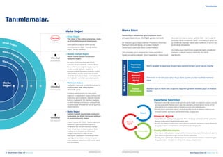 16  Brand Finance Turkey 100  Haziran 2020 Brand Finance Turkey 100  Haziran 2020  17brandirectory.com/turkeybrandfinance.com
Şirket Değeri
Markalı Faaliyet Değ
eri
Markanın Kat
kısı
Tanımlamalar.
[Henkel]
[Schwarzkopf]
[Schwarzkopf]
[Schwarzkopf]
Marka Değeri
+	Şirket Değeri
The value of the entire enterprise, made
up of multiple branded businesses.
Şirket faaliyetini tek bir marka altında
sürdürüyorsa bu değer “markalı faaliyet
değeri” ile aynı olacaktır.
+	Markalı Faaliyet Değeri
tek bir marka altında sürdürülen
faaliyetin değeri.
Bir marka, sürdürülen faaliyetin bütünü
içerisinde ele alınmalıdır. Bu nedenle, Brand
Finance her marka değerleme çalışmasında
mutlaka markalı faaliyetin değerini de
hesaplamaktadır. Pazarlama yatırımları, marka
izleme verileri, paydaş davranışları bir bütün
olarak ele alınmakta ve değer zinciri içerisindeki
tüm bağlantılar aydınlatılmaya çalışılmaktadır.
+	Markanın Katkısı
faaliyetin markasız sürdürülmesi yerine
markasından elde ettiği toplam
ekonomik yarar.
Sıralama tablolarımızda yer alan marka
değerleri el değiştirebilir marka varlıklarından
ibaret olup geniş anlamda, faaliyete katkıda
bulunan markalardır. Bir markanın faaliyete
ne denli katkıda bulunduğunu anlayabilmek
ve performansı arttırabilmek için ek iç görüye
ihtiyaç olacaktır.
+	Marka Değeri
markalı faaliyet içerisindeki markanın/
markaların (ve ilintili fikri-sınai mülkiyet
ile peştemaliyenin) değeri
Brand Finance ISO 10668 “Marka Değerleme
Standardı” uyarınca şirketlere yardımcı
olmaktadır. Söz konusu standart, markayı
“isim, simge, logo ve tasarımı içeren fakat
bunlarla sınırlı olmayan, ya da bunların
birleşimi olan ve ürün veya hizmeti
tanımlayan, paydaşların zihninde ayırt edici
algı doğuran ve böylece ekonomik yarar/
değer sağlayan pazarlama ilintili varlık” olarak
tanımlamaktadır.
Marka
Değeri
MarkaGücüEndeksi
Marka sadakati ve pazar payı oluşturmada pazarlamacıların genel kabulü unsurlar
Tüketicinin en önemli paya sahip olduğu farklı paydaş grupları nezdinde markanın
algısı
Markanın fiyat ve hacim farkı oluşturma başarısını gösteren kantitatif pazar ve finansal
ölçüler
Marka Gücü
Marka Gücü rakiplerine göre markanın fiziki
olmayan ölçümlerde etkililiğini göstermektedir.
Bir markanın gücü tespit edilirken Pazarlama Yatırımları,
Markanın Göreceli Ağırlığı ve bunların Faaliyet
Performansı üzerindeki etkisi incelenmektedir.
100 üzerinden gücü hesaplanan marka değerleme
hesabına uyarlanmaktadır. Gücü hesaplanan marka kredi
derecelendirmesine benzer şekilde AAA+ ile D arası bir
dereceye sahip olmaktadır. AAA+ markalar çok güçlü ve
iyi yönetilmiş markalar olarak kabul edilirken D bunun tam
tersini ifade etmektedir.
Üç marka gücü ölçümünün analizi ile marka yöneticileri
markanın gelecek başarısı hakkında fikir sahibi
olabilecektir.
Tanımlamalar.
Markanın
Göreceli
Ağırlığı
Faaliyet
Performansı
Göreceli
Ağırlık
Performans
Pazarlama Yatırımları
•	Pazarlama yatırımları yüksek ancak göreceli ağırlığı düşük bir markanın büyüme yolunda
olduğu söylenebilir. Yapılan büyük yatırımlar gelecekte göreceli ağırlığı olumlu yönde
etkileyebilecek ve böylece daha iyi faaliyet sonuçları elde edilebilecektir.
•	Ancak, büyük yatırımlara rağmen göreceli ağırlıkta küçük bir ilerleme sağlanıyorsa
markanın tüketici tercihlerini şekillendiremediği anlaşılacaktır.
Göreceli Ağırlık
•	Aynısı Göreceli Ağırlık için de geçerlidir. Göreceli ağırlığı yüksek bir şirketin gelecekte
faaliyet performansını geliştireceği kabul edilir.
•	Ancak, eğer faaliyet performansı zayıf kalıyorsa markanın rakiplerine oranla tüketicinin
duygularını hacim ve fiyat farkına dönüştüremediği anlaşılacaktır.
Faaliyet Performansı
•	Son olarak, marka güçlü bir faaliyet performansına sebep oluyor fakat göreceli ağırlıkta
zayıf kalıyorsa gelecekte değer arttırma ihtimali azalacaktır.
•	Ancak, pazar ve finansal çıktılarda başarısını sürdürebilirse markanın rakiplerine göre
duyguları değere dönüştürme kabiliyetinin olduğu anlaşılacaktır.
Yatırım
Pazarlama
Yatırımları
 