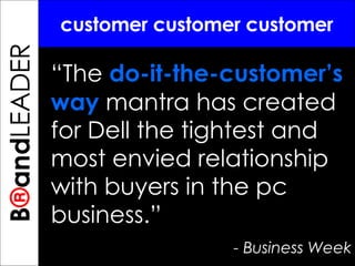 B ® and TREPRENEUR customer customer customer “ The  do-it-the-customer’s way  mantra has created for Dell the tightest and most envied relationship with buyers in the pc business.”   - Business Week B ® and LEADER 