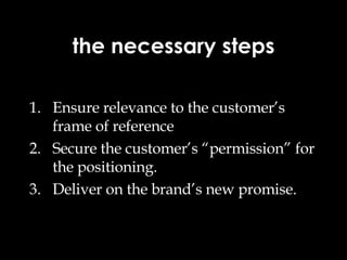 the necessary steps Ensure relevance to the customer’s frame of reference Secure the customer’s “permission” for the positioning. Deliver on the brand’s new promise. 