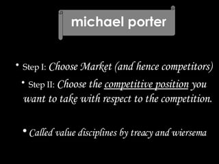 michael porter Step I:  Choose Market (and hence competitors) Step II:  Choose the  competitive position  you want to take with respect to the competition. Called value disciplines by treacy and wiersema 