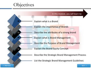 Objectives
                              In this module, you will learn to:


             Explain what is a Brand

             Explain the importance of Brands

             Describe the attributes of a strong brand

             Explain what is Brand Management

             Describe the Purpose of Brand Management

             Explain the Brand Equity Concept

             Describe the Strategic Brand Management Process

             List the Strategic Brand Management Guidelines
 
