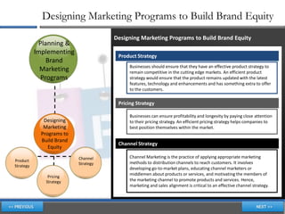 Designing Marketing Programs to Build Brand Equity
                                      Designing Marketing Programs to Build Brand Equity
            Planning &
           Implementing
                                       Product Strategy
               Brand
                                            Businesses should ensure that they have an effective product strategy to
             Marketing                      remain competitive in the cutting edge markets. An efficient product
             Programs                       strategy would ensure that the product remains updated with the latest
                                            features, technology and enhancements and has something extra to offer
                                            to the customers.

                                       Pricing Strategy

                                            Businesses can ensure profitability and longevity by paying close attention
              Designing                     to their pricing strategy. An efficient pricing strategy helps companies to
              Marketing                     best position themselves within the market.
             Programs to
             Build Brand
                                       Channel Strategy
                Equity
                           Channel          Channel Marketing is the practice of applying appropriate marketing
Product                                     methods to distribution channels to reach customers. It involves
                           Strategy
Strategy
                                            developing go-to-market plans, educating channel marketers or
                                            middlemen about products or services, and motivating the members of
                Pricing
               Strategy                     the marketing channel to promote products and services. Hence,
                                            marketing and sales alignment is critical to an effective channel strategy.
 